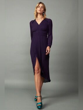 Pleated V-Neck Midi Dress - Current Air